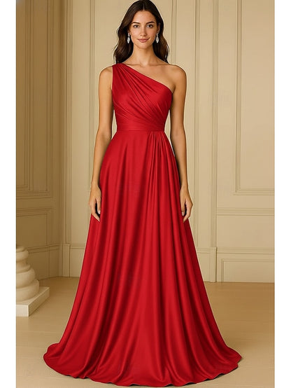 One Shoulder Sleeveless A-Line Floor-Length Formal Evening Dress