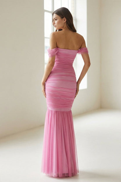 Off Shoulder Pink Ruched Long Prom Dress with Ruffle Hem