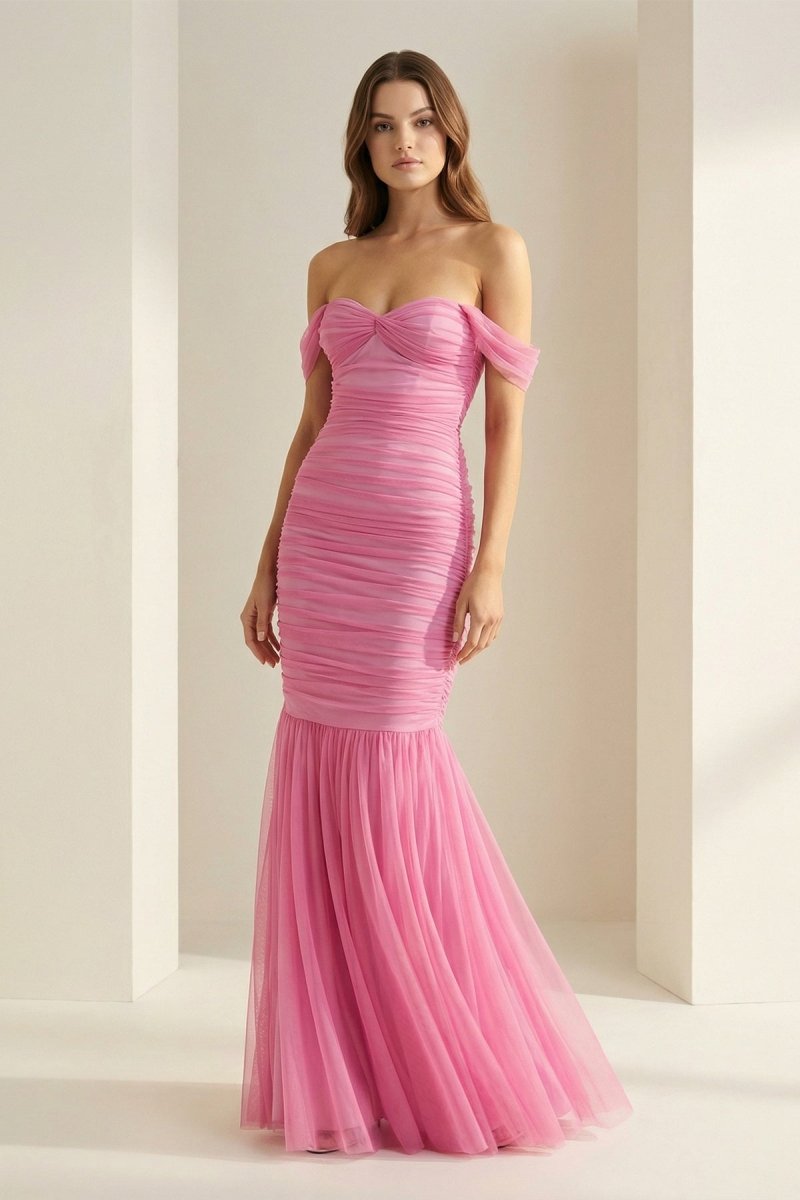 Off Shoulder Pink Ruched Long Prom Dress with Ruffle Hem