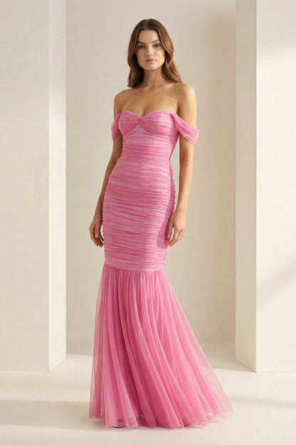 Off Shoulder Pink Ruched Long Prom Dress with Ruffle Hem