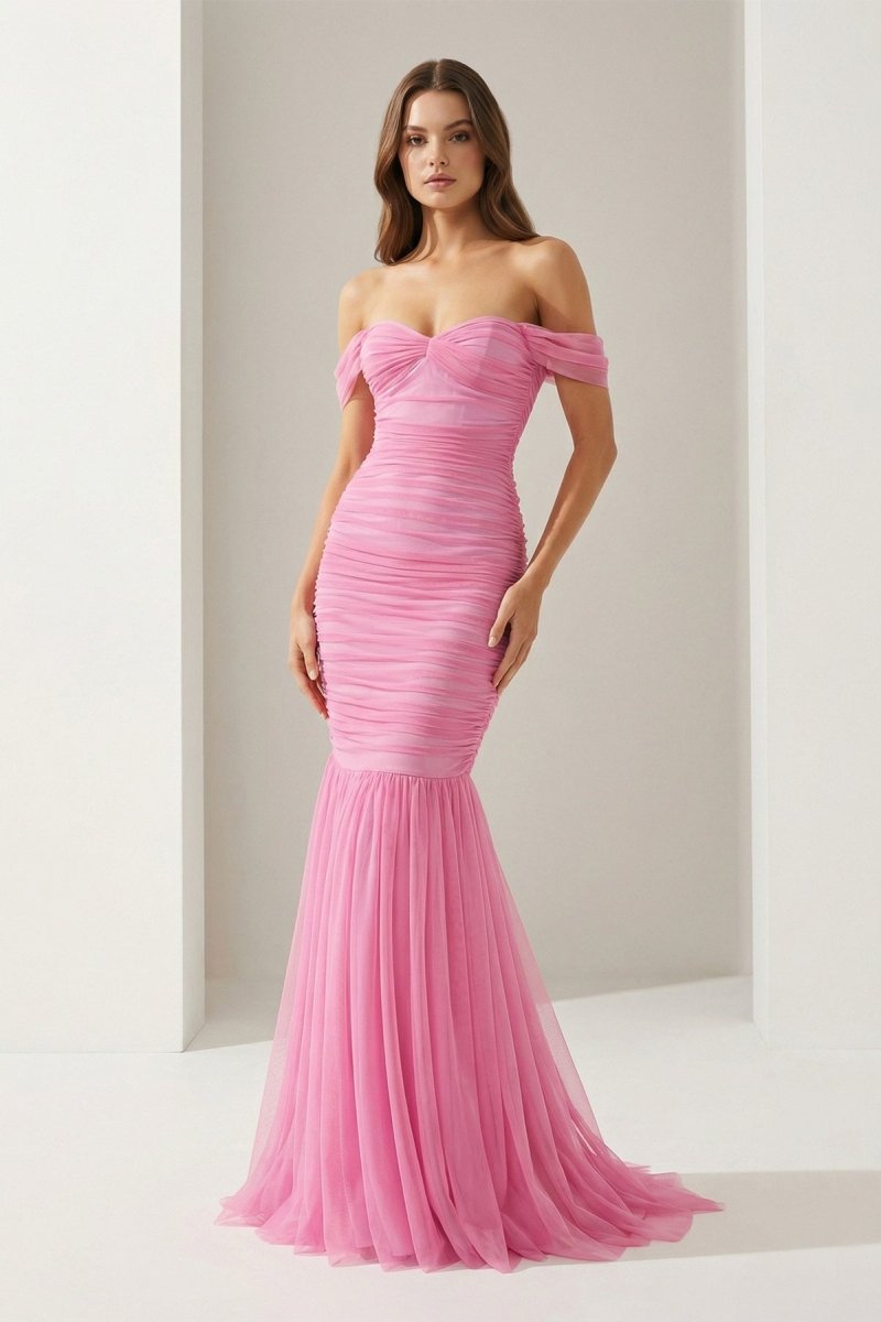 Off Shoulder Pink Ruched Long Prom Dress with Ruffle Hem