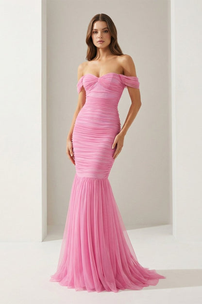 Off Shoulder Pink Ruched Long Prom Dress with Ruffle Hem