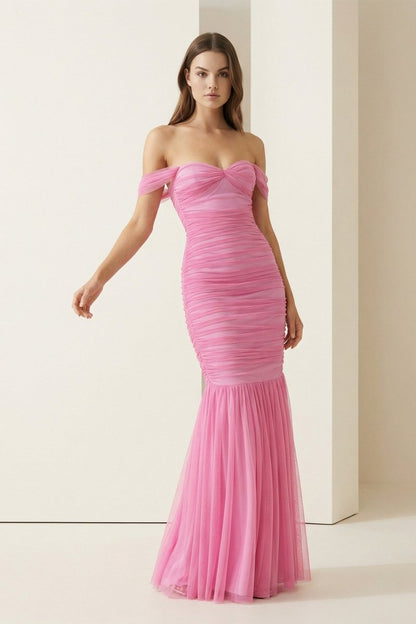 Off Shoulder Pink Ruched Long Prom Dress with Ruffle Hem