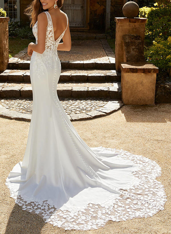 Satin Lace Mermaid Fitted V Neck Wedding Dresses Appliques Lace Sweep Train