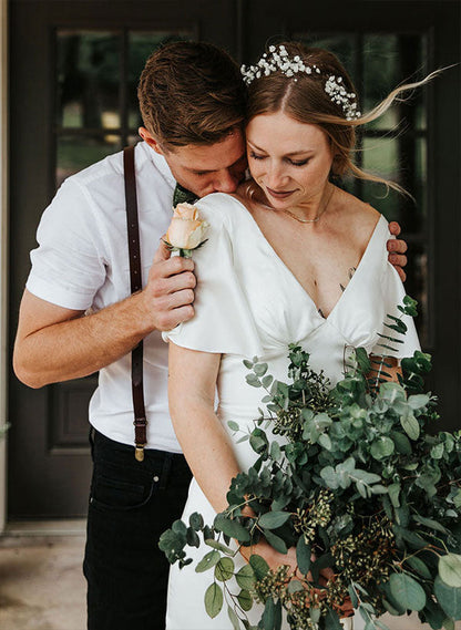 Satin V-Neck Sheath Wedding Dress Short Sleeves