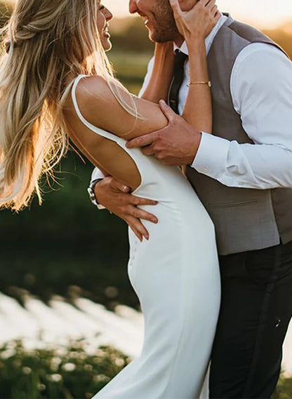 Satin Wedding Dress Open Back V-Neck Sleeveless Sheath Fitted