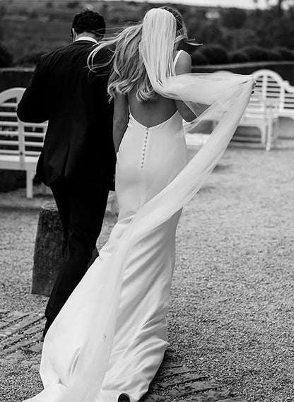 Satin Wedding Dress Open Back V-Neck Sleeveless Sheath Fitted