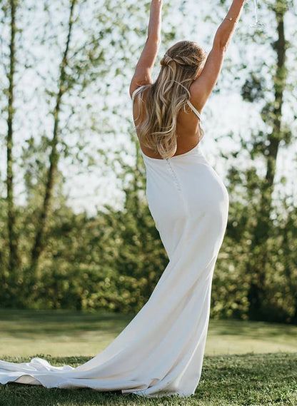 Satin Wedding Dress Open Back V-Neck Sleeveless Sheath Fitted