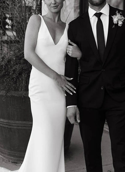 Satin Wedding Dress Open Back V-Neck Sleeveless Sheath Fitted