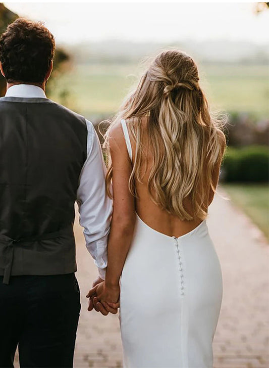 Satin Wedding Dress Open Back V-Neck Sleeveless Sheath Fitted