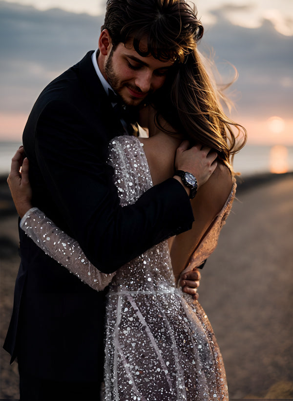 Sequin V-Neck Long Sleeves Boho Garden Wedding Dress Sweep Train