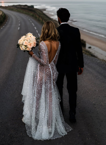 Sequin V-Neck Long Sleeves Boho Garden Wedding Dress Sweep Train