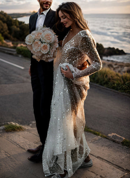 Sequin V-Neck Long Sleeves Boho Garden Wedding Dress Sweep Train