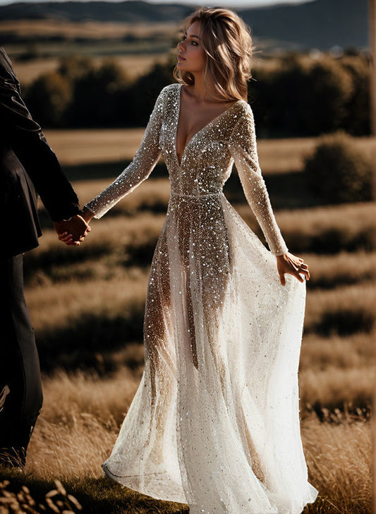 Sequin V-Neck Long Sleeves Boho Garden Wedding Dress Sweep Train
