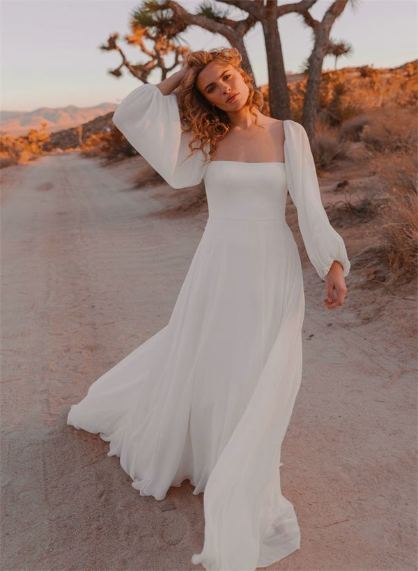 Square Neckline Chic A-line Wedding Dress Long Sleeves Chiffon Sweep Train