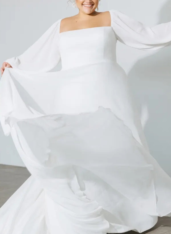 Square Neckline Chic A-line Wedding Dress Long Sleeves Chiffon Sweep Train