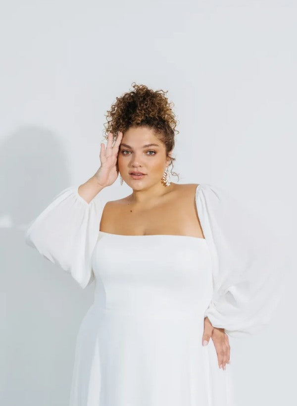 Square Neckline Chic A-line Wedding Dress Long Sleeves Chiffon Sweep Train