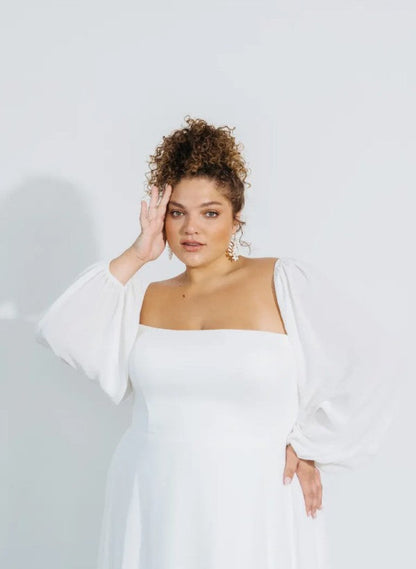 Square Neckline Chic A-line Wedding Dress Long Sleeves Chiffon Sweep Train