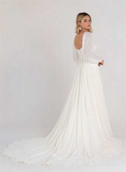 Square Neckline Chic A-line Wedding Dress Long Sleeves Chiffon Sweep Train