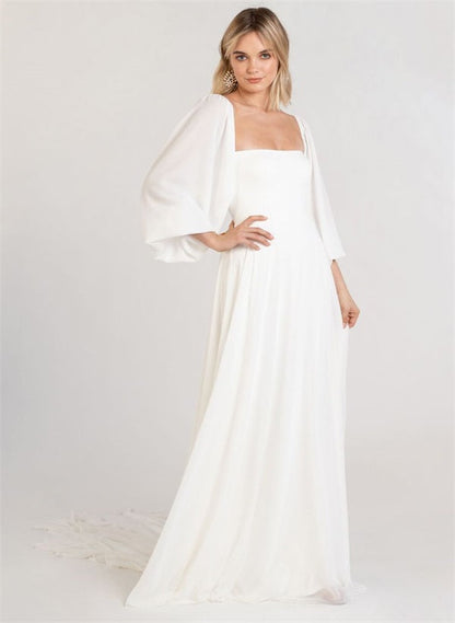 Square Neckline Chic A-line Wedding Dress Long Sleeves Chiffon Sweep Train