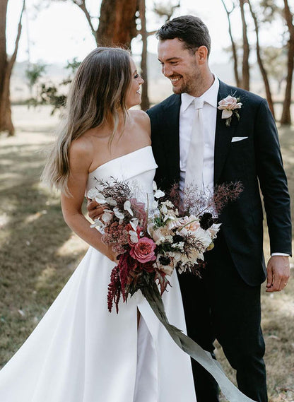 Strapless Chic A-line Satin Wedding Dress Sweep Train