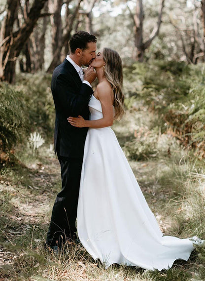 Strapless Chic A-line Satin Wedding Dress Sweep Train