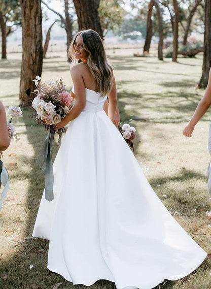 Strapless Chic A-line Satin Wedding Dress Sweep Train