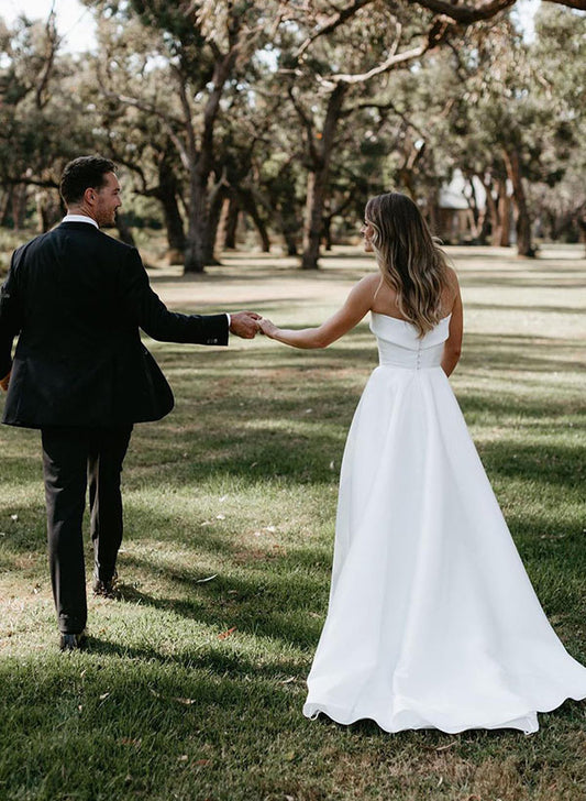 Strapless Chic A-line Satin Wedding Dress Sweep Train