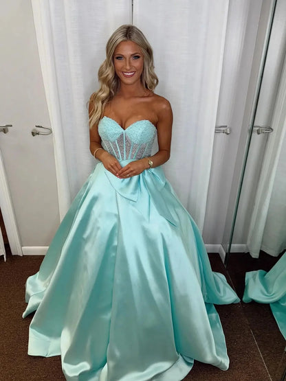 Strapless Satin Prom Dress with Bow Sweetheart Neckline