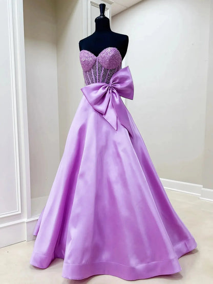 Strapless Satin Prom Dress with Bow Sweetheart Neckline