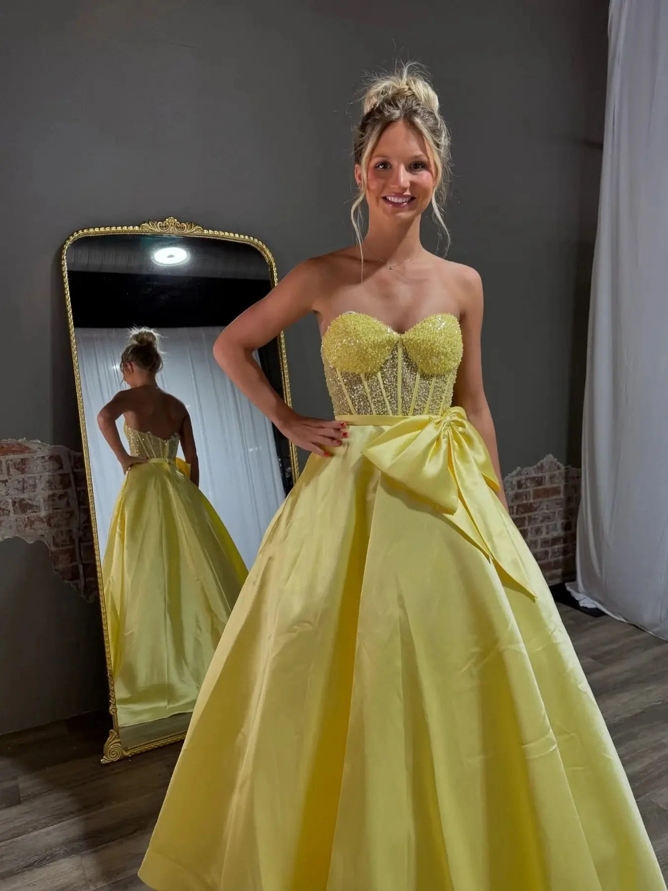 Strapless Satin Prom Dress with Bow Sweetheart Neckline