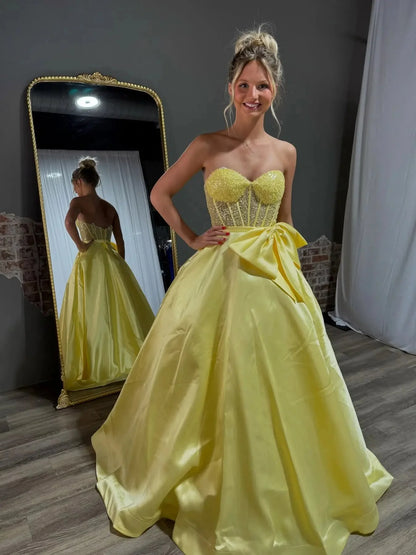 Strapless Satin Prom Dress with Bow Sweetheart Neckline