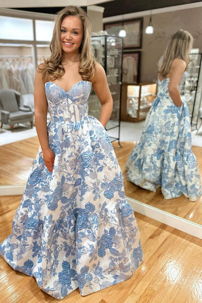 Sweetheart Print Blue Evening Gown Floral Prom Dress 2026 A-line