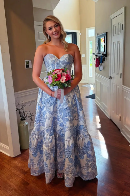 Sweetheart Print Blue Evening Gown Floral Prom Dress 2026 A-line