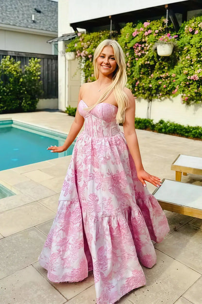 Sweetheart Print Blue Evening Gown Floral Prom Dress 2026 A-line