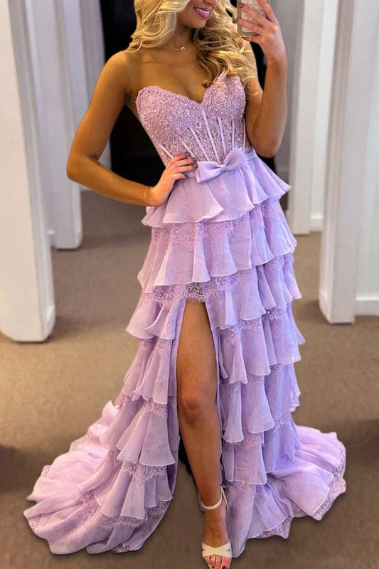 Lavender - Strapless A Line Chiffon Tiered Prom Dresses With Bow