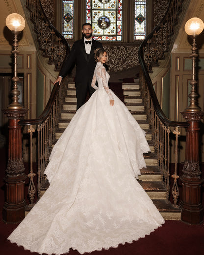 Lace High Neck Long Sleeve A-Line Floor-Length Wedding Dress
