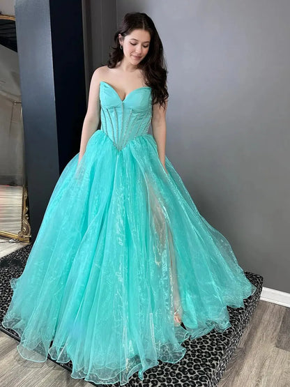 Tiffany Blue Organza Prom Dress with Slit Sweetheart Neckline Boned Bodice