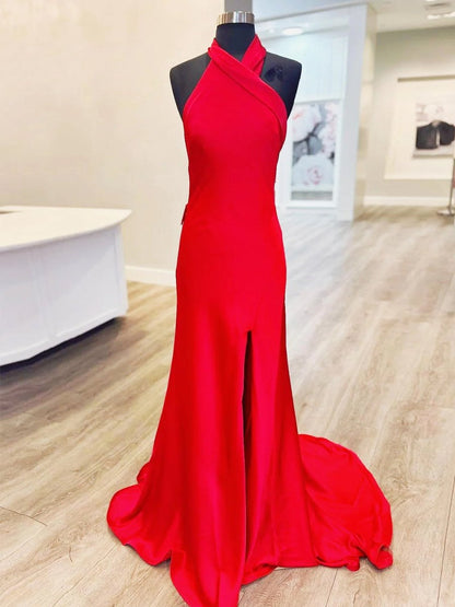Red Halter Satin Mermaid Long Prom Dress With Slit