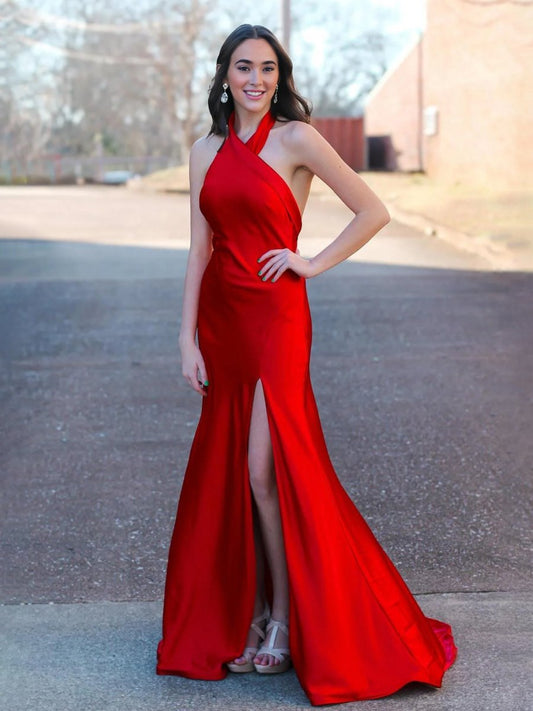Red Halter Satin Mermaid Long Prom Dress With Slit