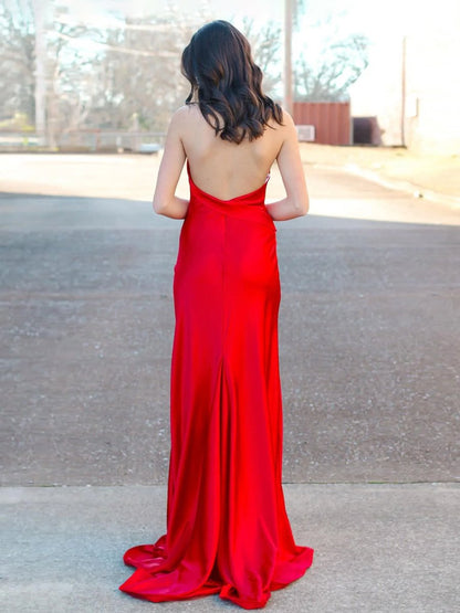 Red Halter Satin Mermaid Long Prom Dress With Slit
