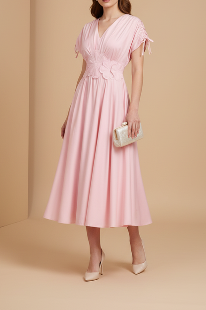 Pink V-Neck Sleeveless A-Line Tea-Length Evening Dress