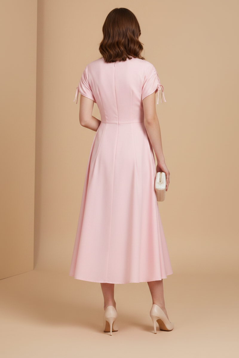 Pink V-Neck Sleeveless A-Line Tea-Length Evening Dress