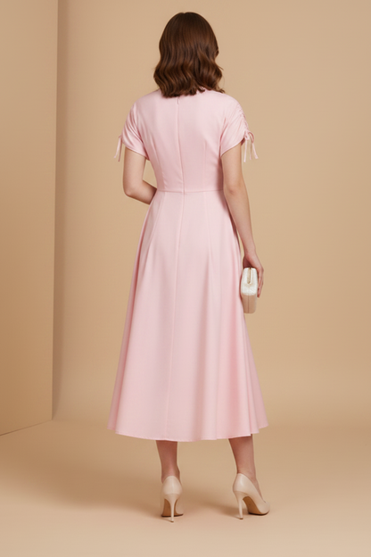 Pink V-Neck Sleeveless A-Line Tea-Length Evening Dress
