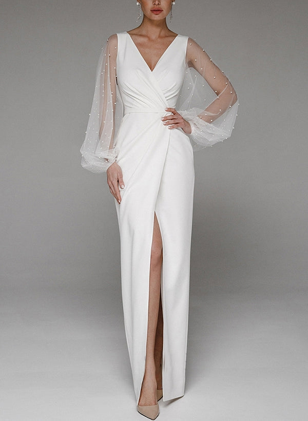 V-Neck Long Sleeve Floor-Length Wedding Dresses
