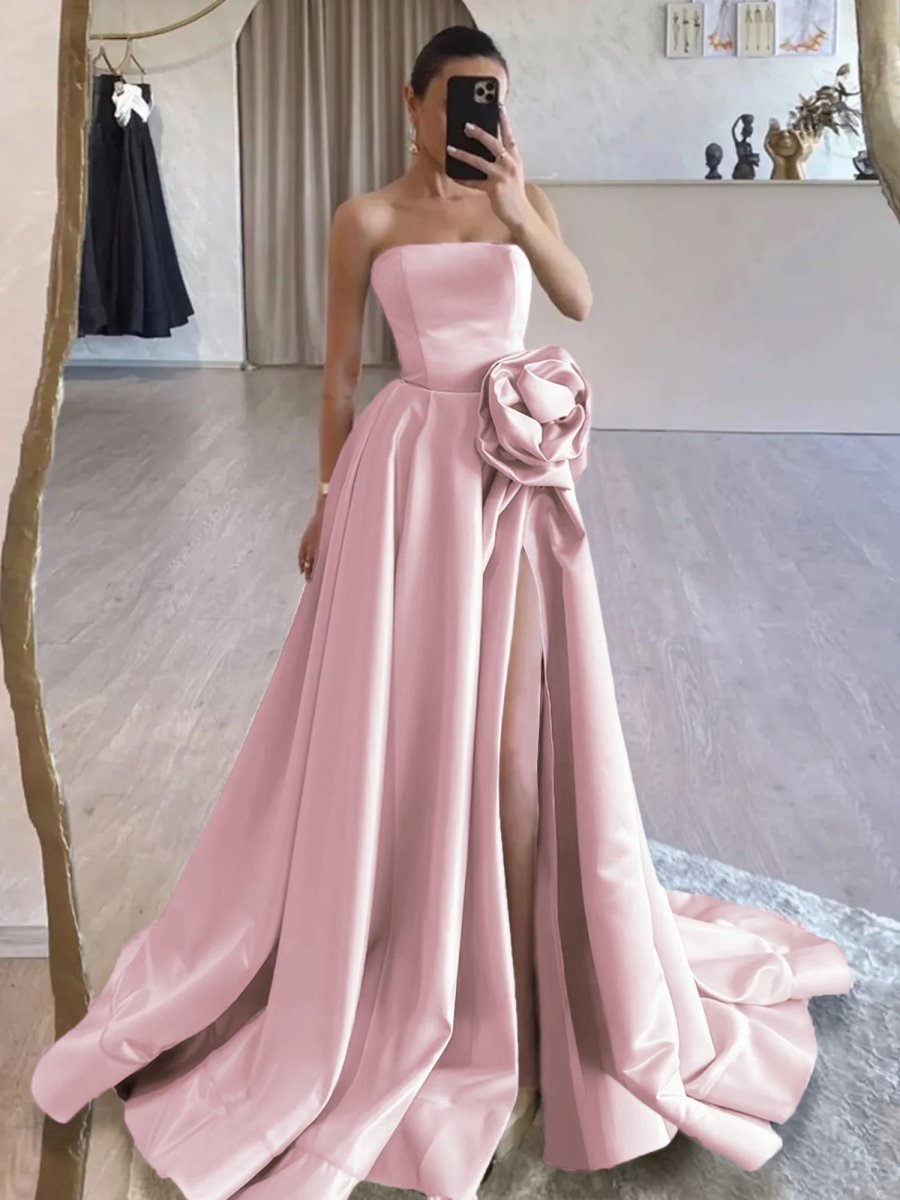 Black Strapless Satin Long Prom Dress With High Split