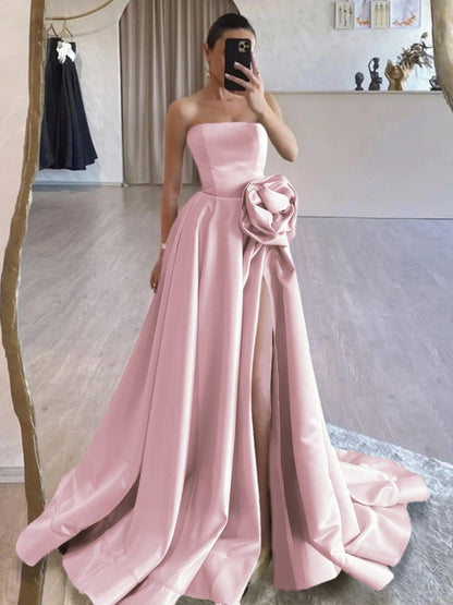 Black Strapless Satin Long Prom Dress With High Split