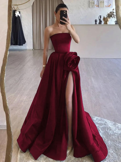 Black Strapless Satin Long Prom Dress With High Split