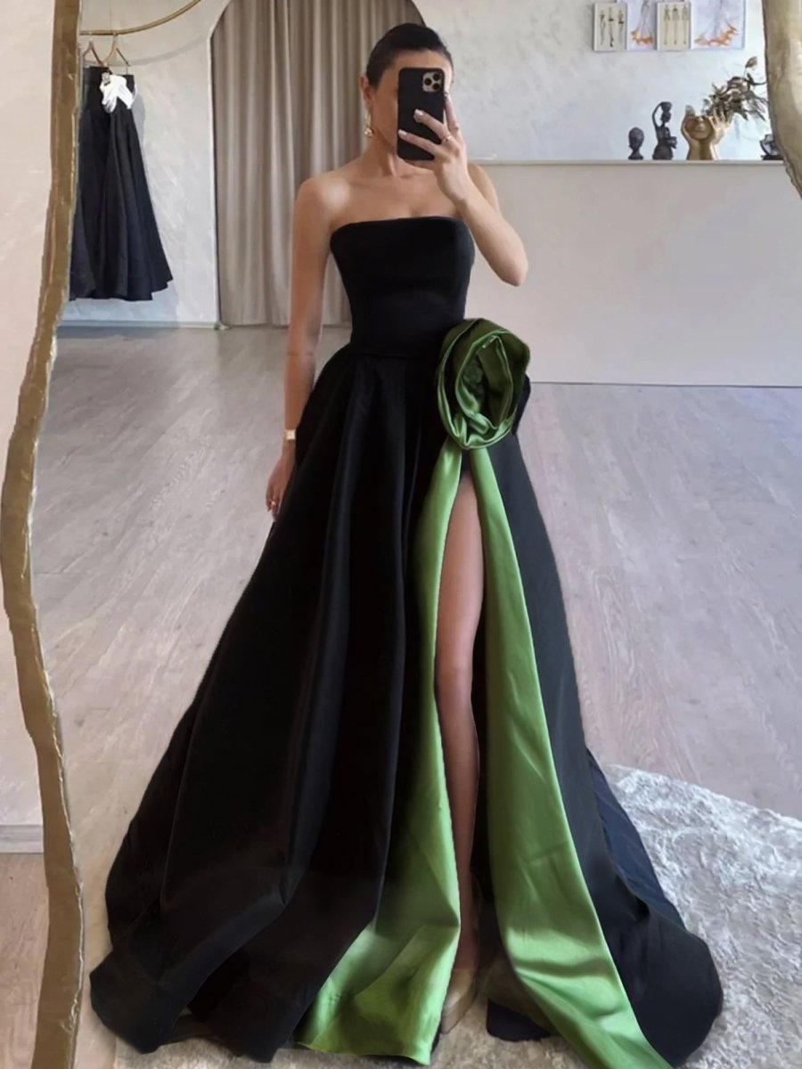 Black Strapless Satin Long Prom Dress With High Split