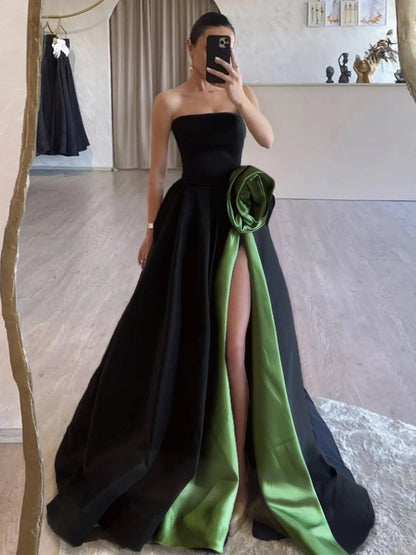 Black Strapless Satin Long Prom Dress With High Split